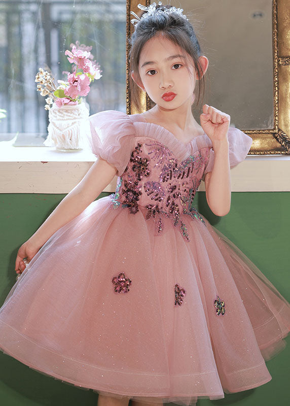 Unique Pink Sequins Patchwork Tulle Kids Long Dress Puff Sleeve Ye004