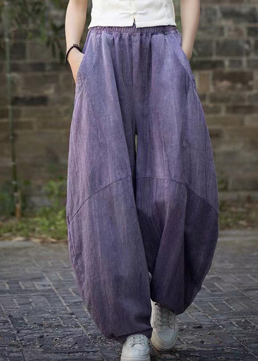 Unique Purple Tie Dye Pockets Linen Pants Summer Qe052