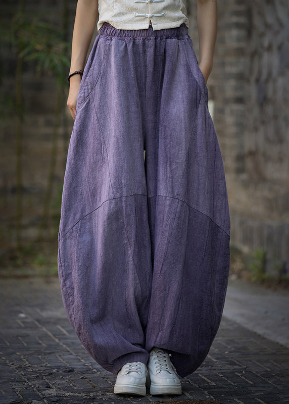 Unique Purple Tie Dye Pockets Linen Pants Summer Qe052