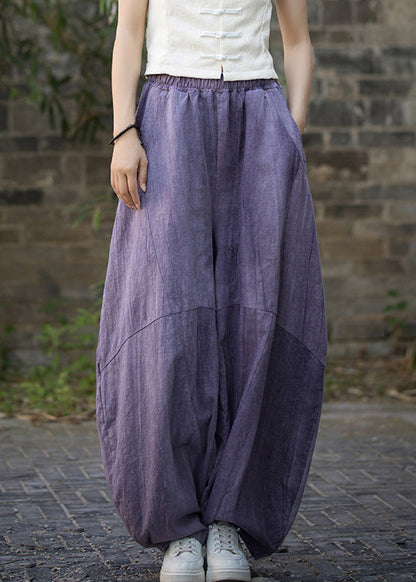 Unique Purple Tie Dye Pockets Linen Pants Summer Qe052