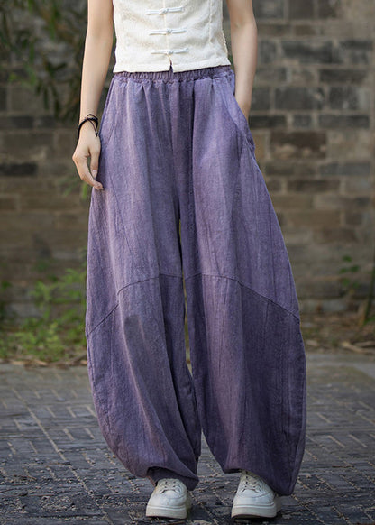 Unique Purple Tie Dye Pockets Linen Pants Summer Qe052