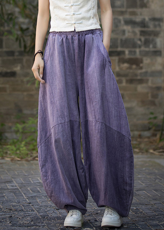 Unique Purple Tie Dye Pockets Linen Pants Summer Qe052