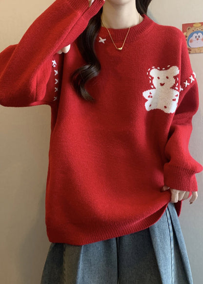 Unique Red O Neck Cartoon Patchwork Knitted Sweaters Winter Rg042