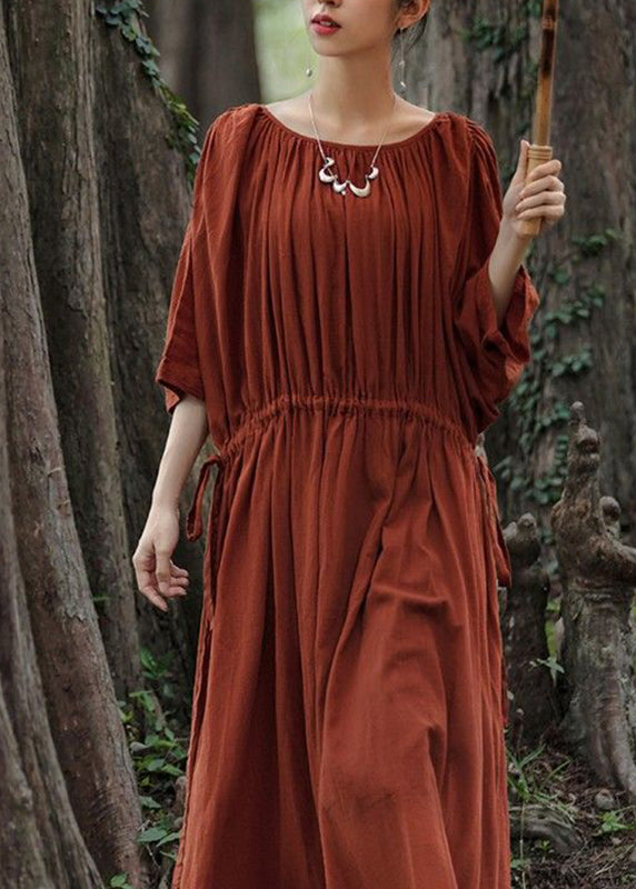 Unique Red O-neck Drawstring Maxi Dresses Half Sleeve Gh1071