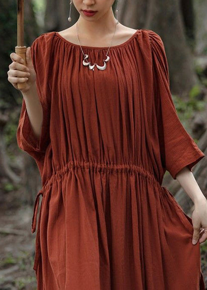 Unique Red O-neck Drawstring Maxi Dresses Half Sleeve Gh1071