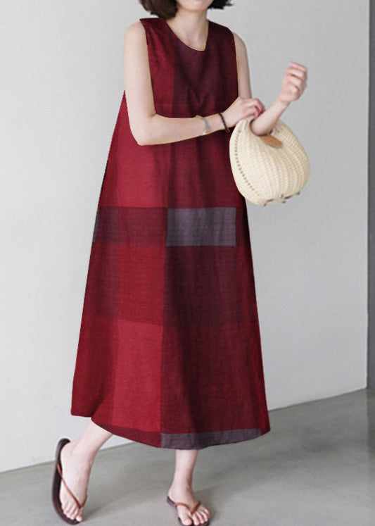 Unique Red O-neck Plaid Maxi Dress Sleeveless Lc0005
