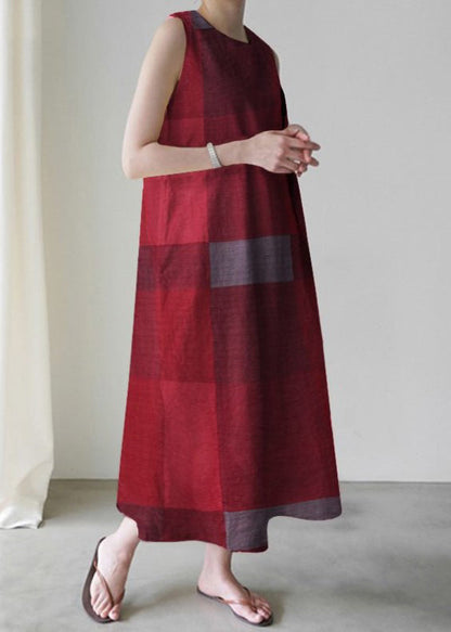 Unique Red O-neck Plaid Maxi Dress Sleeveless Lc0005