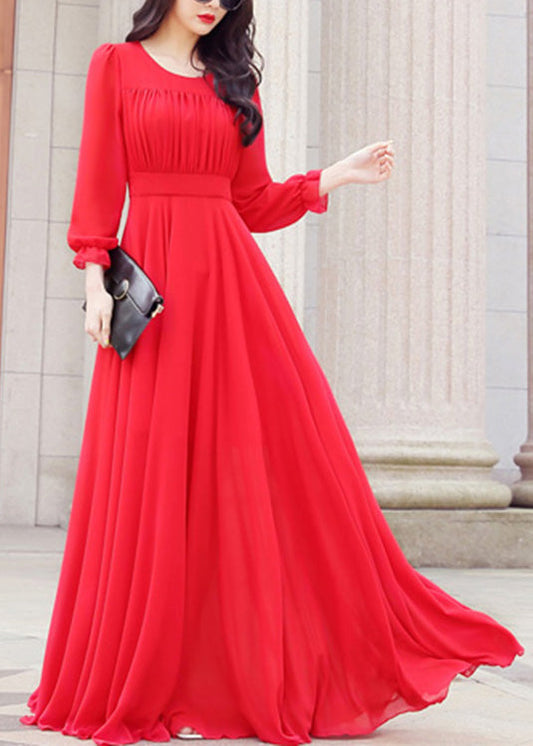 Unique Red O-neck Slim Chiffon Maxi Dress Spring Ly1712