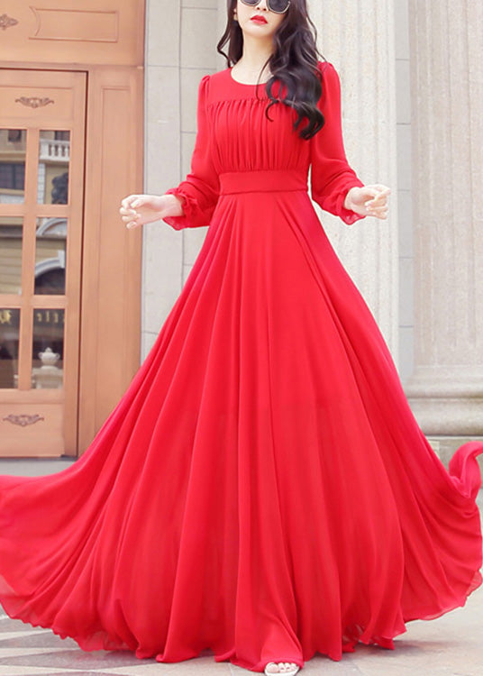 Unique Red O-neck Slim Chiffon Maxi Dress Spring Ly1712