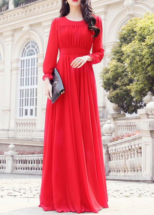 Unique Red O-neck Slim Chiffon Maxi Dress Spring Ly1712