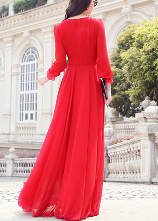 Unique Red O-neck Slim Chiffon Maxi Dress Spring Ly1712