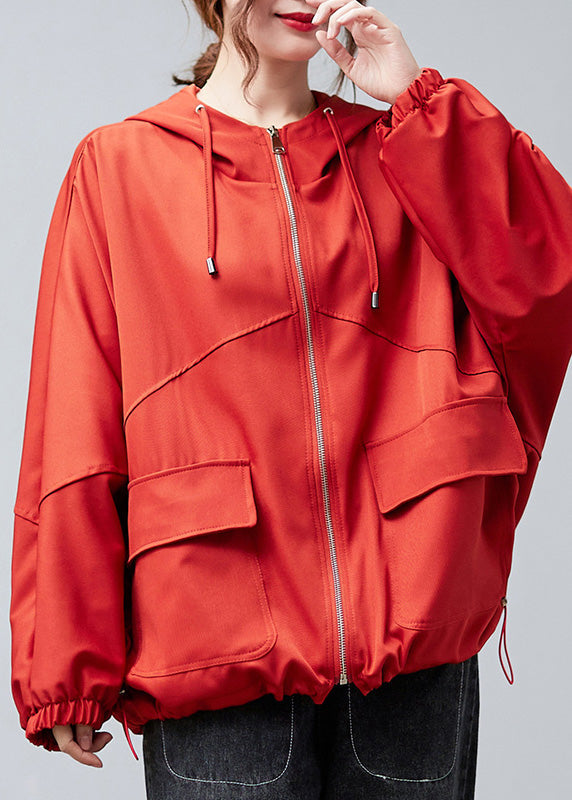 Unique Red Zippered Drawstring Cotton Hoodies Coats Spring Ac2030