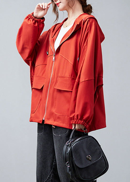 Unique Red Zippered Drawstring Cotton Hoodies Coats Spring Ac2030