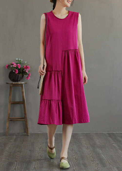 Unique Rose O-neck Wrinkled Cotton Maxi Dresses Sleeveless Tg1026