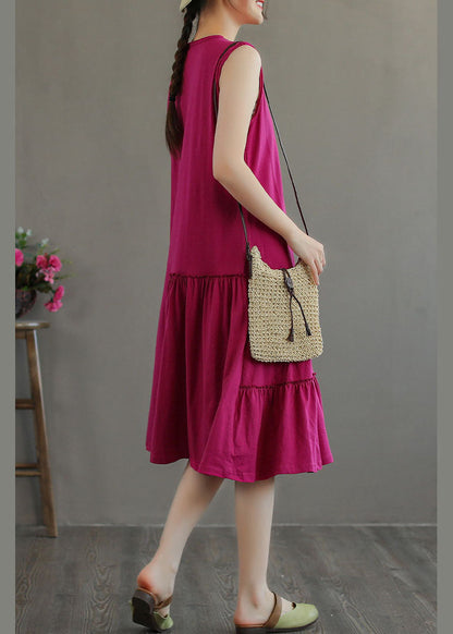 Unique Rose O-neck Wrinkled Cotton Maxi Dresses Sleeveless Tg1026