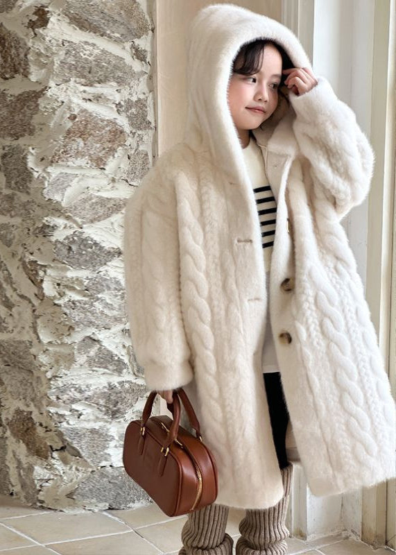 Unique White Button Kids Mink Velvet Maxi Hooded Coat Winter Tg017