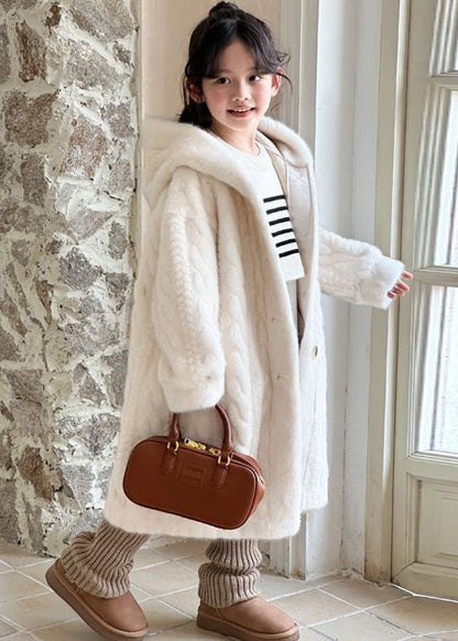 Unique White Button Kids Mink Velvet Maxi Hooded Coat Winter Tg017