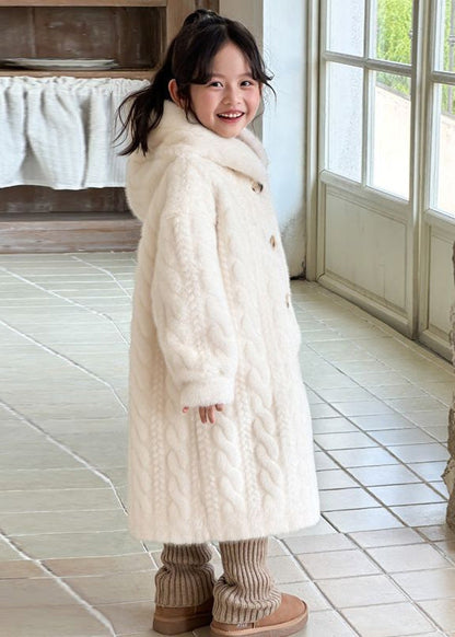 Unique White Button Kids Mink Velvet Maxi Hooded Coat Winter Tg017