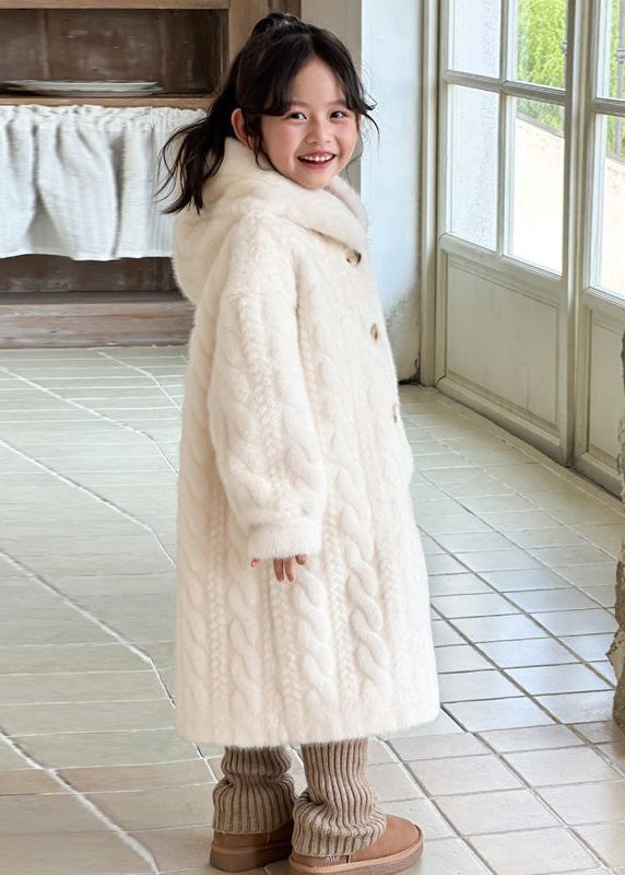 Unique White Button Kids Mink Velvet Maxi Hooded Coat Winter Tg017