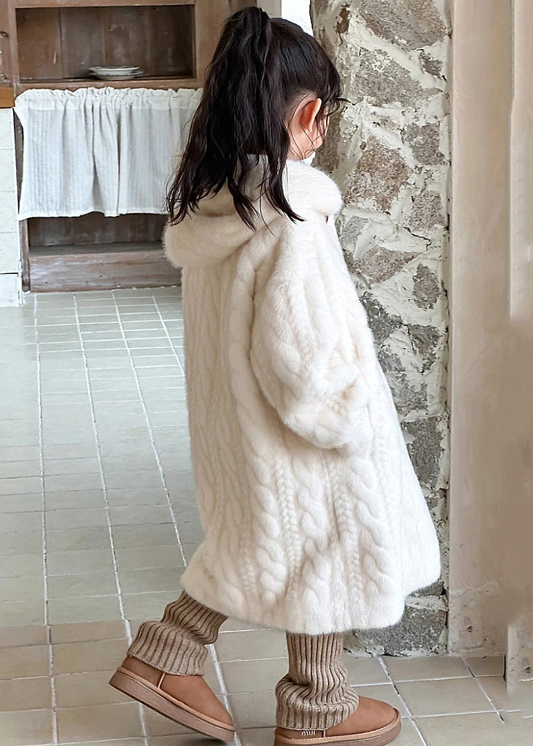 Unique White Button Kids Mink Velvet Maxi Hooded Coat Winter Tg017