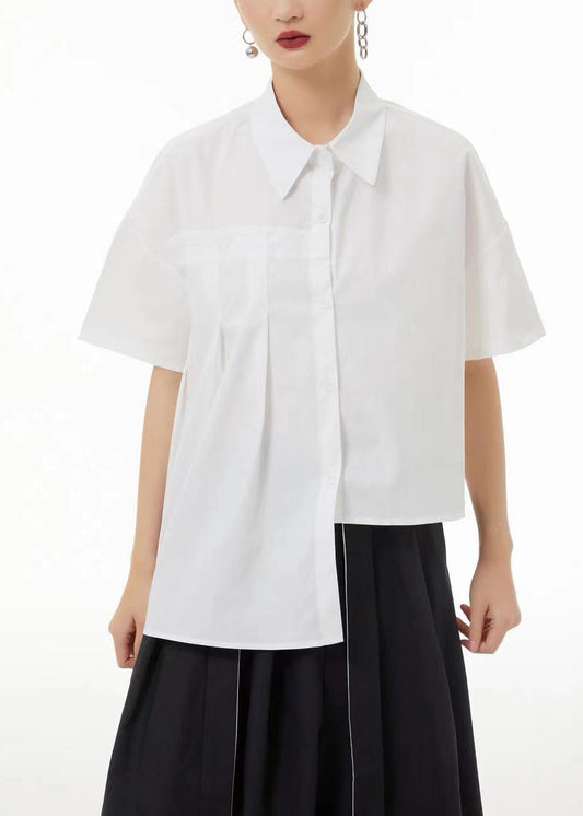 Unique White Low High Design Wrinkled Cotton Blouse Top Summer Ts1068