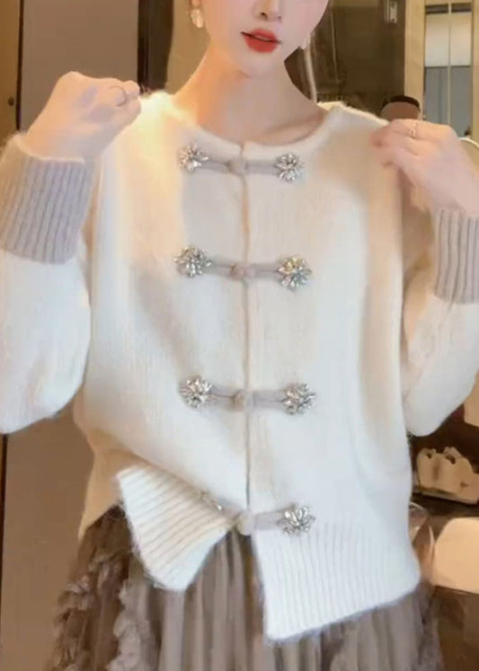 Unique White O Neck Chinese Button Knit Cardigan Fall We015