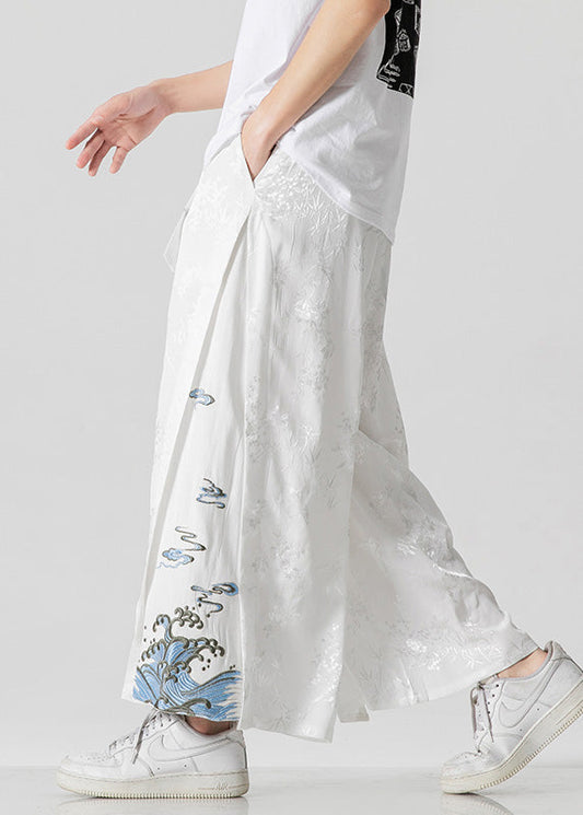 Unique White Oriental Embroideried Pockets Silk Pants Summer Yt056