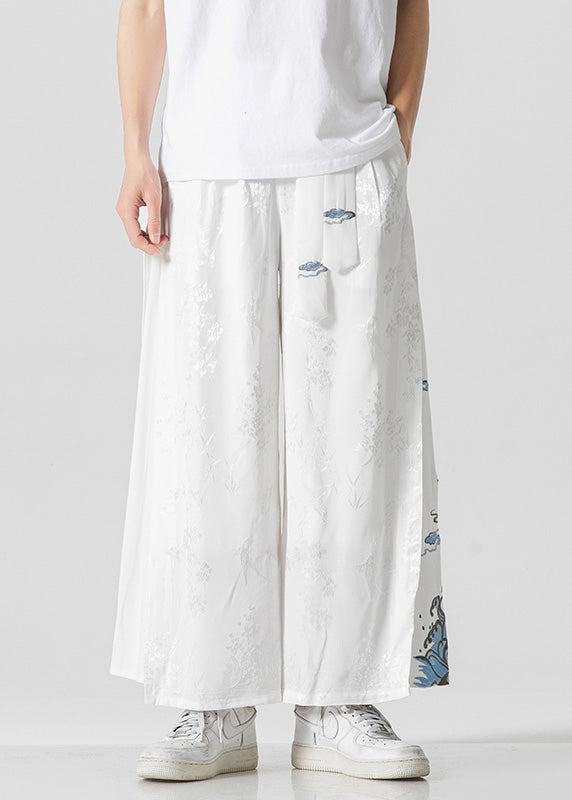 Unique White Oriental Embroideried Pockets Silk Pants Summer Yt056
