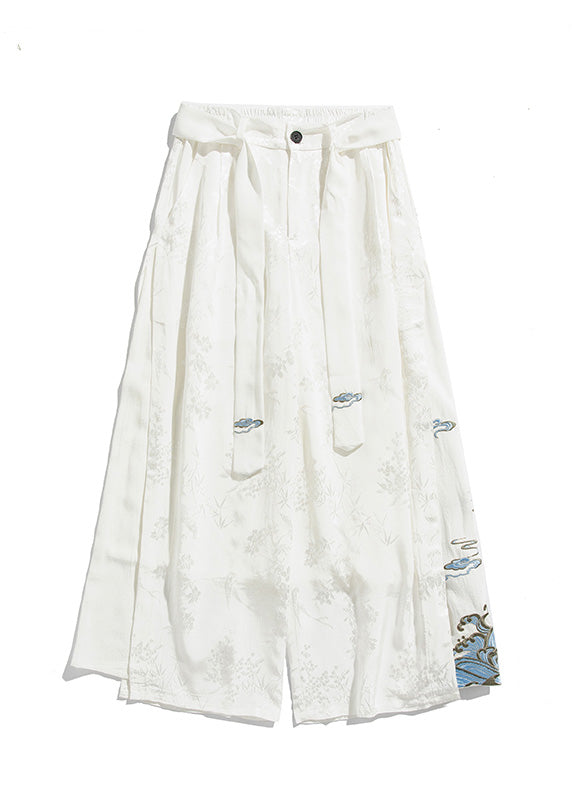 Unique White Oriental Embroideried Pockets Silk Pants Summer Yt056