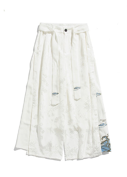 Unique White Oriental Embroideried Pockets Silk Pants Summer Yt056