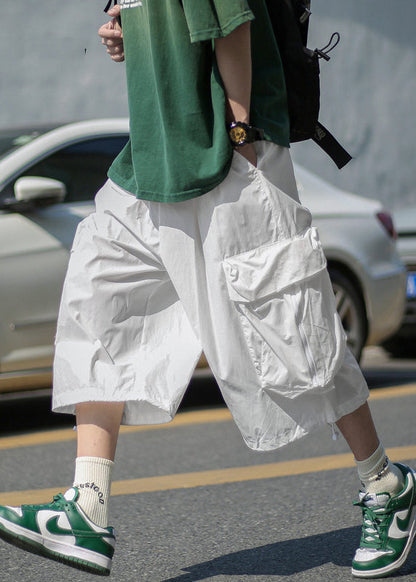 Unique White Pockets Patchwork Elastic Waist Wide Leg Pants Yt013