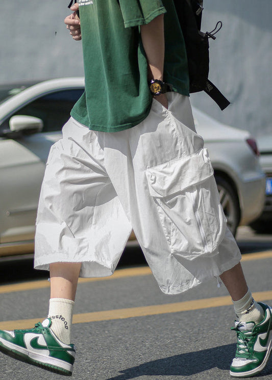 Unique White Pockets Patchwork Elastic Waist Wide Leg Pants Yt013