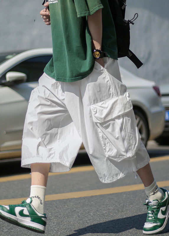 Unique White Pockets Patchwork Elastic Waist Wide Leg Pants Yt013
