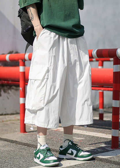 Unique White Pockets Patchwork Elastic Waist Wide Leg Pants Yt013