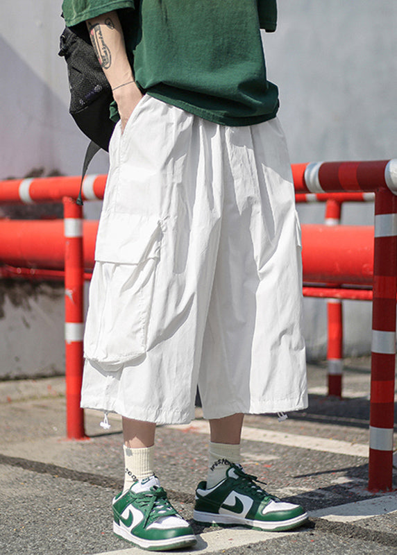 Unique White Pockets Patchwork Elastic Waist Wide Leg Pants Yt013