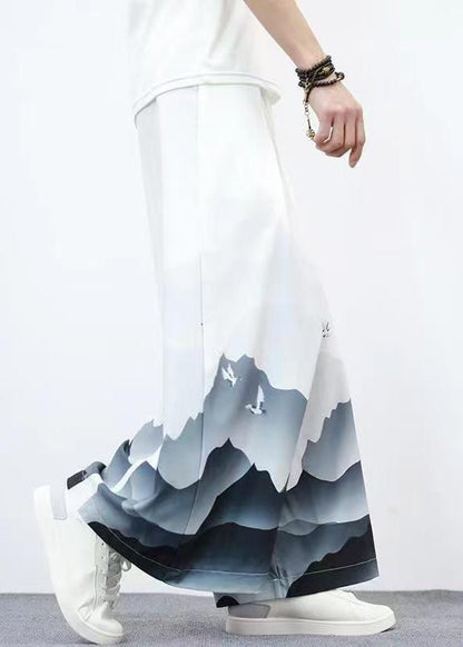 Unique White Pockets Print Ice Silk Wide Leg Pants Summer Sa042