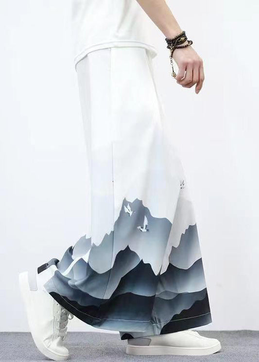 Unique White Pockets Print Ice Silk Wide Leg Pants Summer Sa042