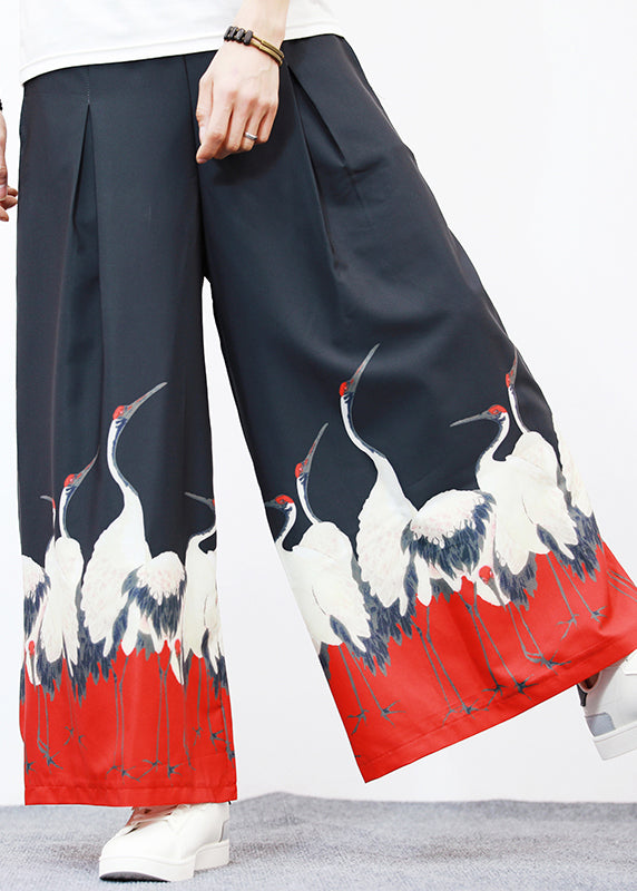 Unique White Pockets Print Ice Silk Wide Leg Pants Summer Sa042