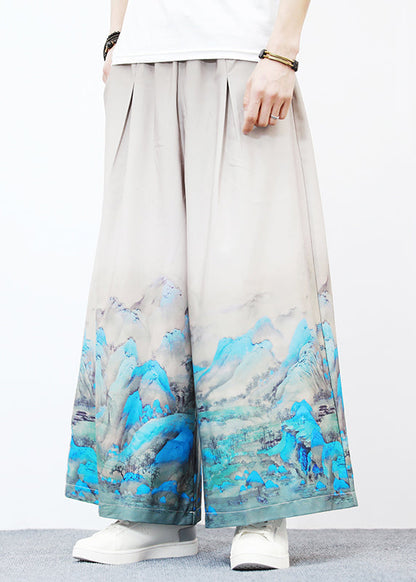 Unique White Pockets Print Ice Silk Wide Leg Pants Summer Sa042