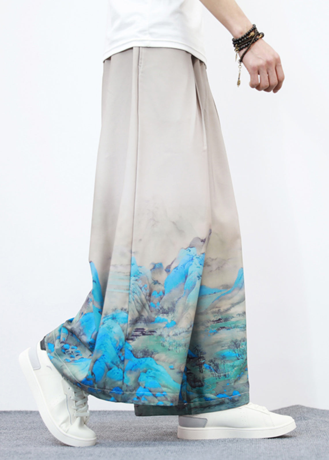 Unique White Pockets Print Ice Silk Wide Leg Pants Summer Sa042