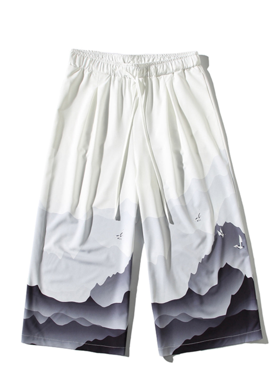 Unique White Pockets Print Ice Silk Wide Leg Pants Summer Sa042