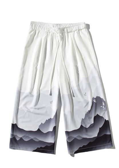 Unique White Pockets Print Ice Silk Wide Leg Pants Summer Sa042