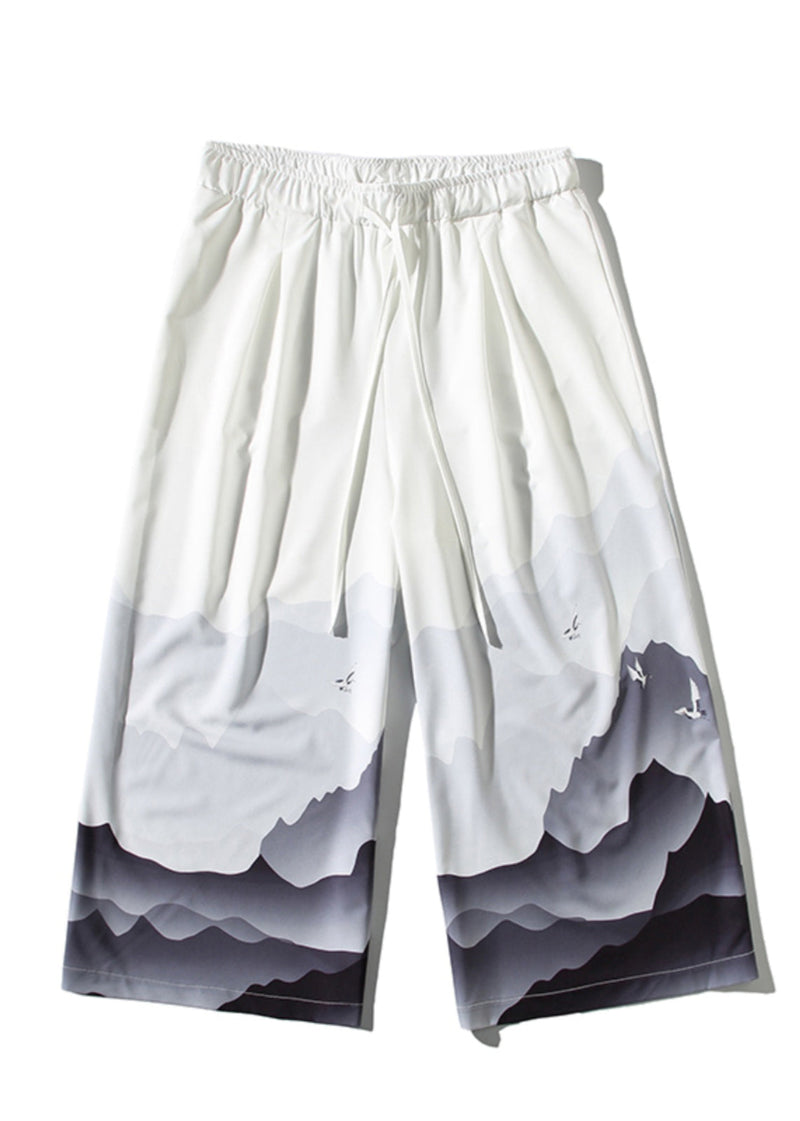 Unique White Pockets Print Ice Silk Wide Leg Pants Summer Sa042