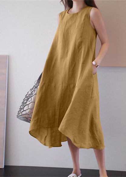 Unique Yellow Patchwork Pockets Maxi Dress Sleeveless Gh1088