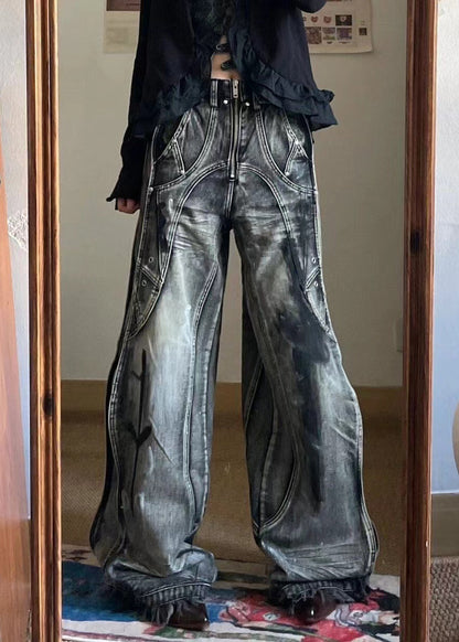 Unique Zip Up Pockets Original Design Neutral Denim Pants Fall Uy058