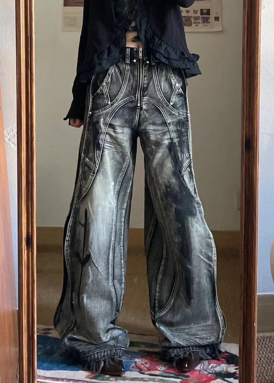 Unique Zip Up Pockets Original Design Neutral Denim Pants Fall Uy058