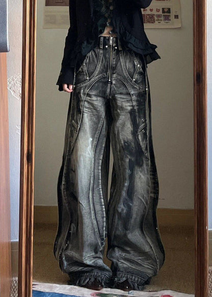 Unique Zip Up Pockets Original Design Neutral Denim Pants Fall Uy058
