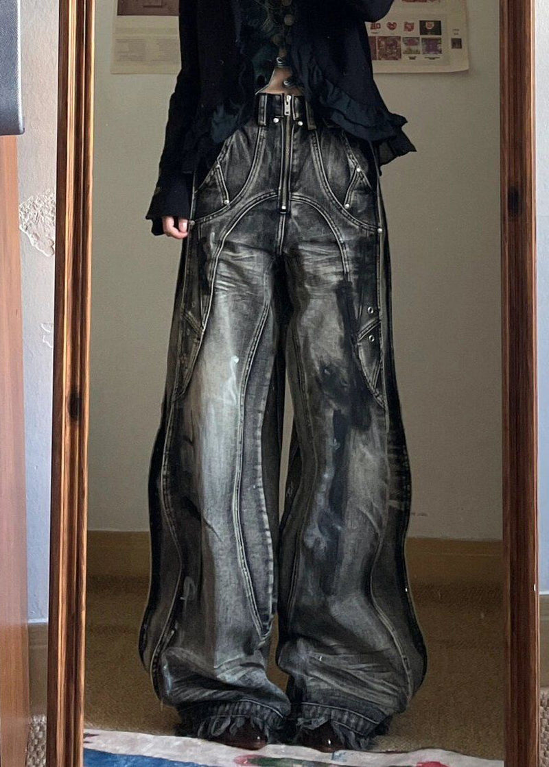 Unique Zip Up Pockets Original Design Neutral Denim Pants Fall Uy058