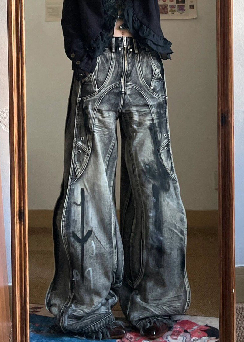 Unique Zip Up Pockets Original Design Neutral Denim Pants Fall Uy058