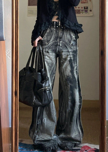 Unique Zip Up Pockets Original Design Neutral Denim Pants Fall Uy058